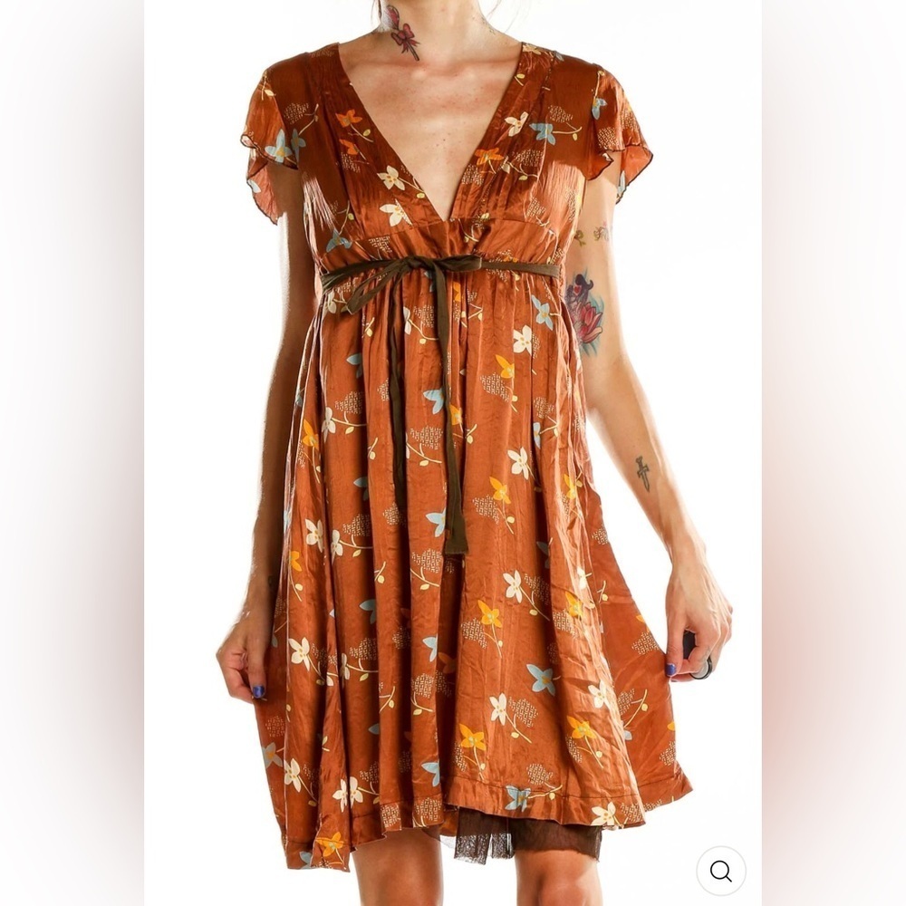 Free People Women's V-Neck Babydoll Floral Rust Silk Mini Dress Size 12